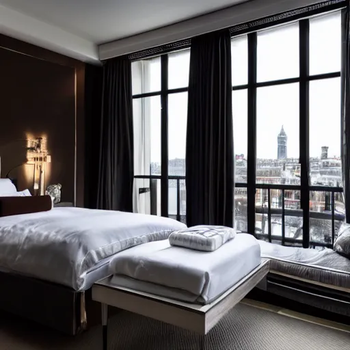 Image similar to bedroom at extremely expensive hotel in london. high - fashion boutique hotel. minimalist decor. detailed beautiful photography.