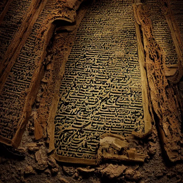 Prompt: ultra - realistic disconcerting photo of a partially damaged dead sea scroll in the style of the necronomicon with nabeatean aramaic in sideways columns, dark, brooding, volume lighting, atmospheric lighting, painted, intricate, ultra detailed, well composed, best on artstation, cgsociety, epic, stunning, gorgeous, intricate detail, wow, masterpiece