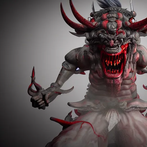 Image similar to an ultra detailed 3 d render of a japanese oni demon as a boss from nioh, shonen anime, 8 k, volumetric lighting, smooth, highly detailed, digital illustration, octane render, art by jeong seon and greg rutkowsi, artstation