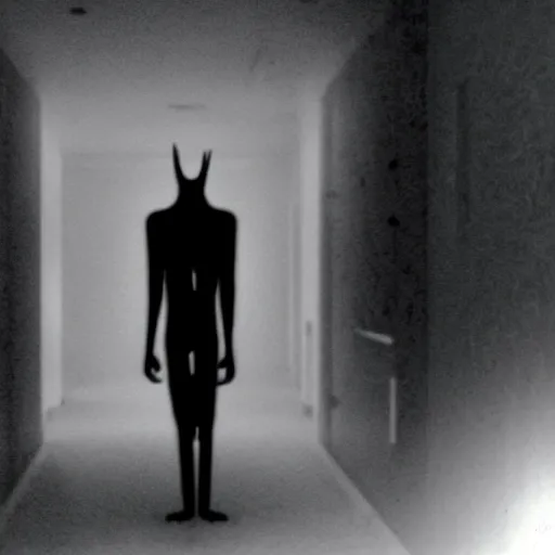 Prompt: a flash photo of creepy tall! wendigo with an unnatural posture standing in a vantablack hallway from the horror movie rec, shaky camera, it is deformed and is staring at the camera from the end of a dark liminal hallway. caught on vhs, film grain, national geographic award winning photography,