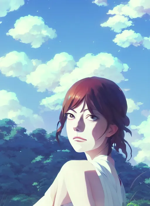 Prompt: portrait of emma stone, cloudy sky background lush landscape illustration concept art anime key visual trending pixiv fanbox by wlop and greg rutkowski and makoto shinkai and studio ghibli