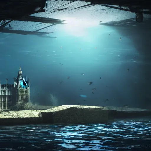 Image similar to underwater, Westminster palace, deep underwater, fish shoal, concept art in style of Greg Rutkowki, dynamic moody lighting, 4k, very highly detailed, hyper realistic