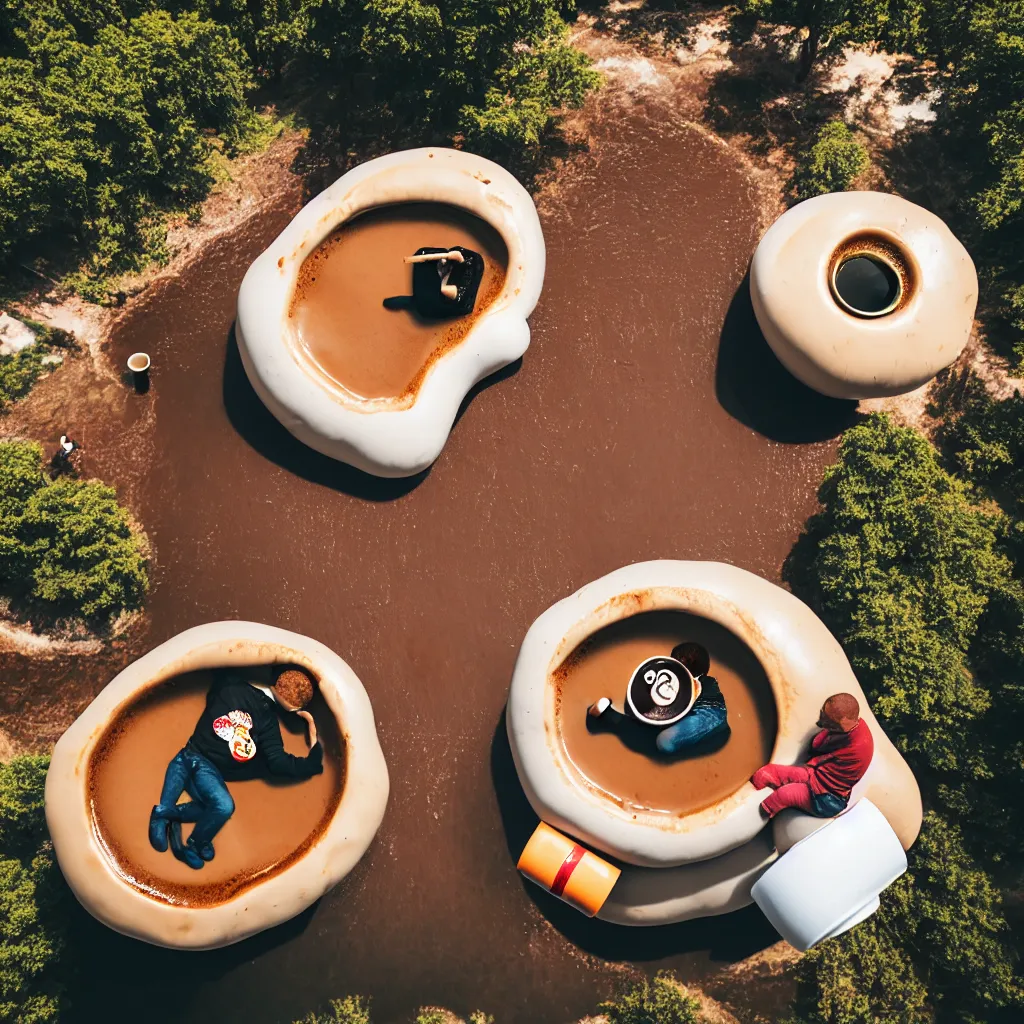 Prompt: tilt - shift view of a coffee - bean character drinking coffee while sitting on a coffee - bean shaped float in a giant coffee - cup shaped pool of coffee with steam rising up into the air