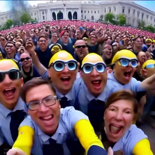 Prompt: GoPro selfie footage of an army of patriotic Minions storming the Capitol, style of Pixar