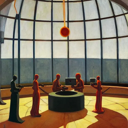 Image similar to three brutalist robotic seers watchers oracles soothsayers inside a dome, pj crook, grant wood, edward hopper, syd mead, oil on canvas