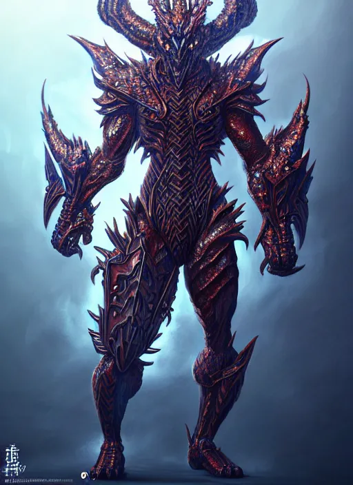 Image similar to muscular and tall ghostly fire humanoid dragon!!!! draconian!! intricate ornate iridescent heavy armor!! character concept art, sharp focus, octane render! unreal engine 5! highly rendered!! trending on artstation!! detailed linework!! illustration by artgerm, wlop, and chie yoshii