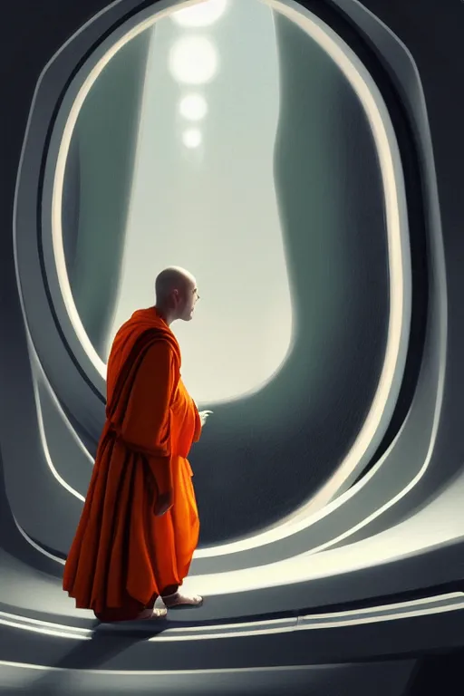 Image similar to portrait of a monk in a spaceship, looking out of a round window at nebula, orange robe, dramatic lighting, artstation, matte painting, ralph mcquarrie