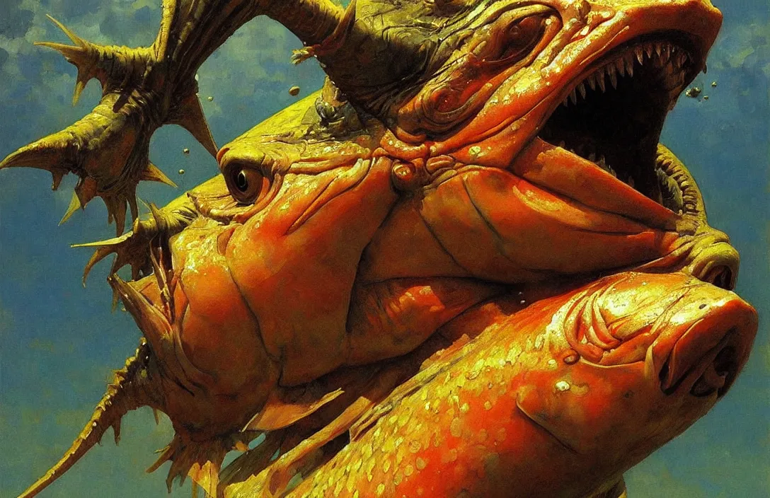 Prompt: a fish creature with subtle human features!!!!!!!!!!!!!!!!!!!!!!!!!!!, detailed face, detailed painting, epic lighting, by ilya repin, phil hale and kent williams