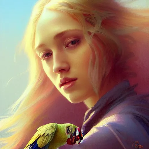 Image similar to portrait of a young blonde girl with a parrot, upper body, long hair, intricate, elegant, highly detailed, digital painting, artstation, concept art, matte, sharp focus, illustration, art by artgerm and greg rutkowski and alphonse mucha