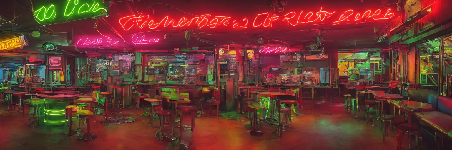 Image similar to wide angle photo of 60‘s retro diner interior, neon-decorated urban on night in the city seen through the window,modern interior design, architectural design, vintage, night blade runner, dark, postapocalyptic, clean lines, 4k, octane, colorful ,lunarcore city seen at distance outside, big windows,octane, wide angle