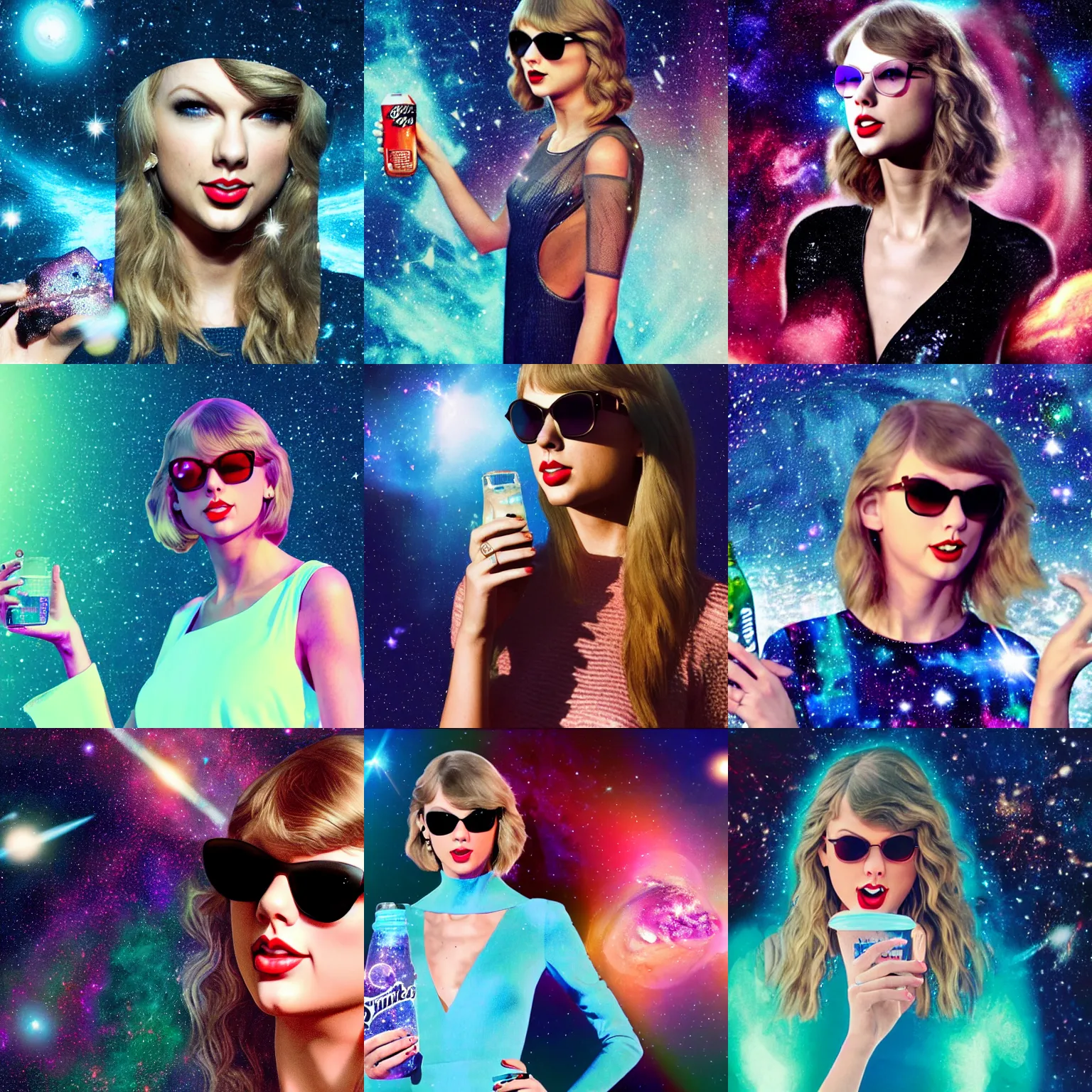 Prompt: taylor swift queen of the universe, in space near a galaxy, drinking a sprite, wearing sunglasses, 4 k, photorealistic