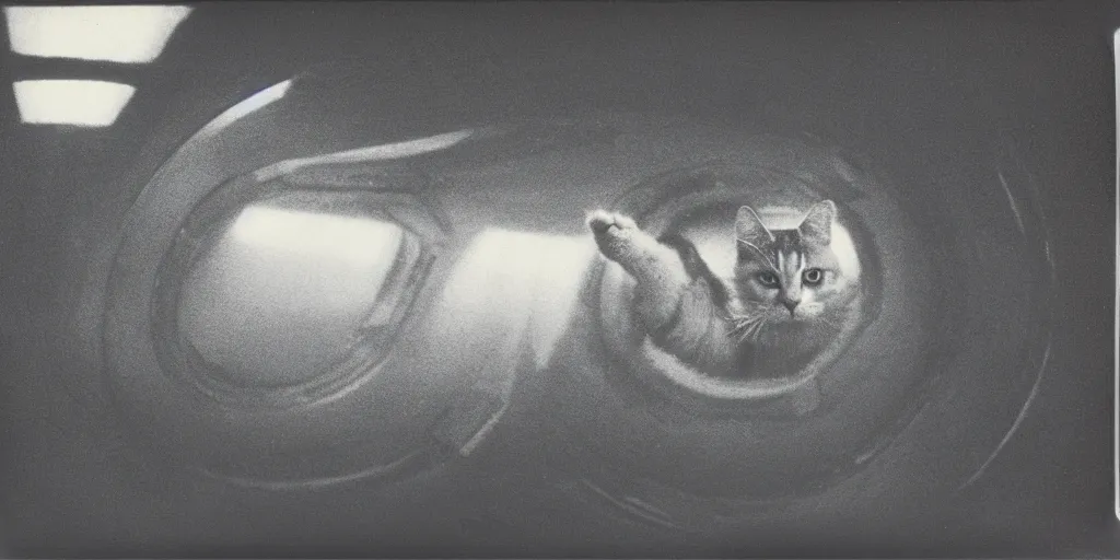 Prompt: detailed medium format photo, polaroid still from tarkovsky movie, a cat at the controls of a 1 9 7 0's spaceship, haze, high production value, intricate details, 8 k resolution, hyperrealistic, hdr, photorealistic, high definition, tehnicolor, award - winning photography, masterpiece, amazing colors