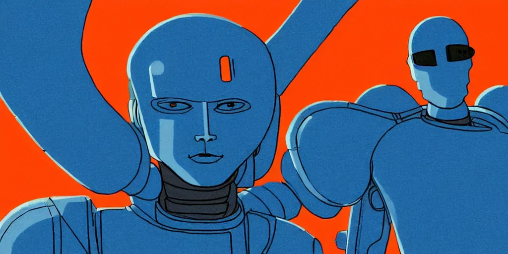 Image similar to blue orange traditional drawn colorful animation a symmetrical portrait of lonely single Alain Delon Stallone Clint Eastwood alone pilot in posing in spaceship station planet captain bridge outer worlds robots extraterrestrial hyper contrast well drawn Metal Hurlant Pilote and Pif in Jean Henri Gaston Giraud animation film The Masters of Time FANTASTIC PLANET La planète sauvage animation by René Laloux