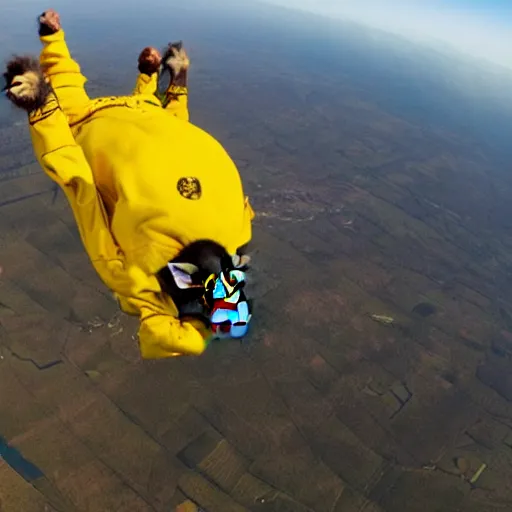 Prompt: a chimp wearing a yellow hoodie is skydiving