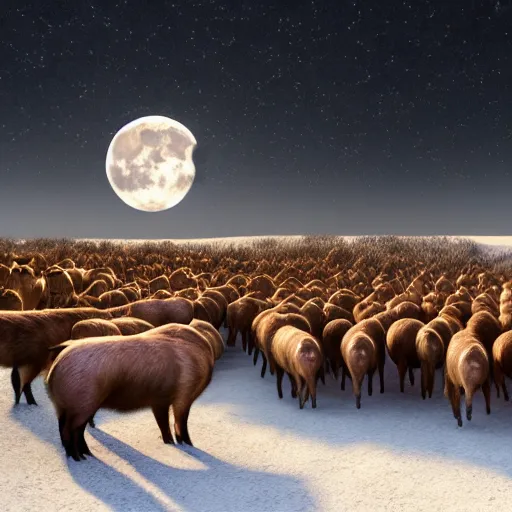 Prompt: the harvesting of 1 0 0 0 pigs by horrible viking men dressed in wolves clothing. in wintertime. in the moonlight. hyper realistic 8 k render.