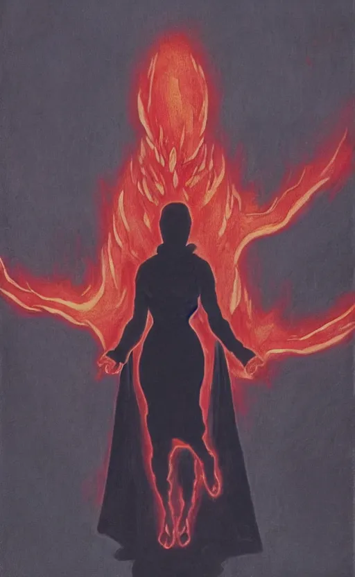 Image similar to Woman made of black flames, wearing a strict business suit, business casual, with no face, with glowing red eyes, with a red halo over her head, by Annie Swynnerton and Nicholas Roerich, madness combat, strong dramatic cinematic lighting , blood red sky, grey skin, smooth, sharp focus, extremely detailed