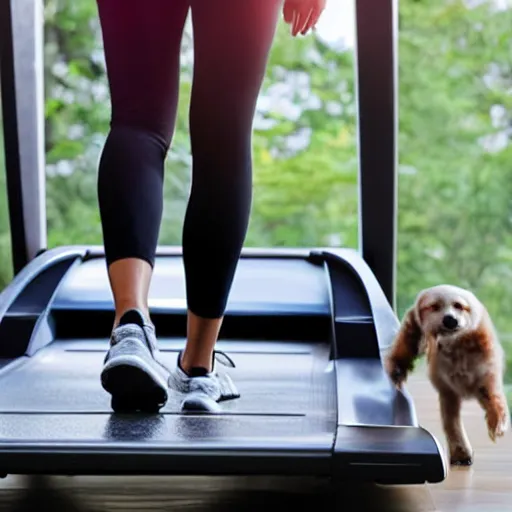 Image similar to A woman walking on a treadmill with her dog walking on a smaller treadmill next to her