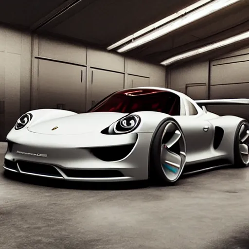 Image similar to a vision gran turismo style concept porsche :: studio lighting, inside a warehouse