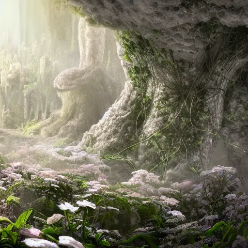 Image similar to biocomputer heart organ intertwined with white biocomputer flowers in a biomechanical cave forest, intricate environment, matte painting, diffused lighting, highly detailed cinematic, atmosphere, diffused lighting, highly detailed digital art, trending on artstation, depth of field, wide angle