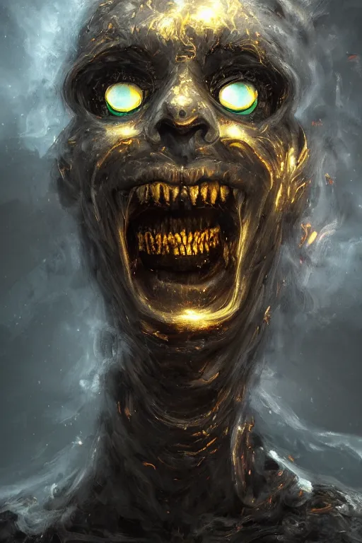 Image similar to Haunting horrifying detailed painting of a man made of cloudy smoke, golden teeth and glowing lens flare eyes, hyper detailed, trending on Artstation