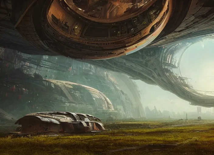 Prompt: highly detailed digital matte painting of a beautiful abandoned, overgrown, damaged crashed spaceship, by Raphael LaCoste and Ruan Jia and Robert McCall, postcyberpunk, geodesic dome, hyperdetailed, sunrise, wide shot, autochrome, octane render