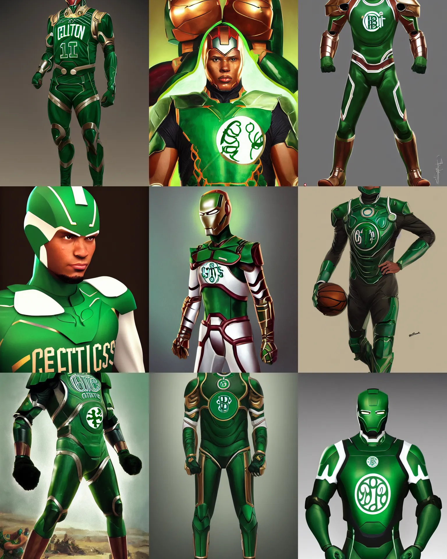 Prompt: Boston Celtics Ironman Suit, Jaylen Brown, green and white, digital art, trending on artstation oil on canvas by J. C. Leyendecker and Edmund Blair Leighton and Charlie Bowater octane render