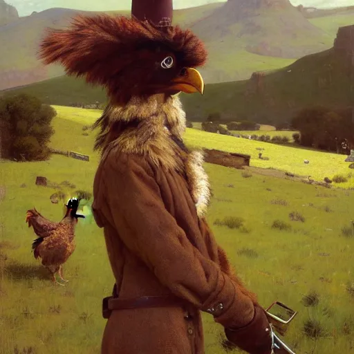 Prompt: wild west portrait of furry anthro anthropomorphic chicken head animal person fursona wearing clothes in the valley, sunny day, digital art by Nerdrum John, William Waterhouse, Winslow Homer, Alex Heywood, Jordan Grimmer, Darren Quach, Greg Rutkowski, Simon Stalenhag, trending on Artstation, CGSociety
