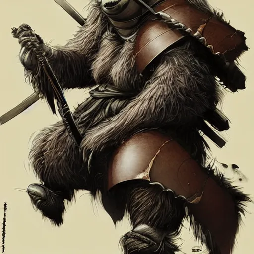 Prompt: graphic, hyperreal illustration of anthropomorphic sloth in traditional samurai armor : : digital art, concept art, character development : : illustrated by artgerm, yoji shinkawa, scott buoncristiano, nychos