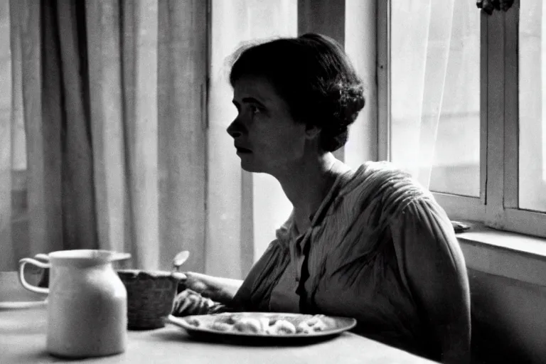 Image similar to soviet movie still a soviet woman sitting at a table next to the window with food, dark warm light, a character portrait by margarita terekhova, movie stalker solaris film still by andrei tarkovsky, 8 k, 1 9 8 4, close - up bokeh, gelios lens, color, noir