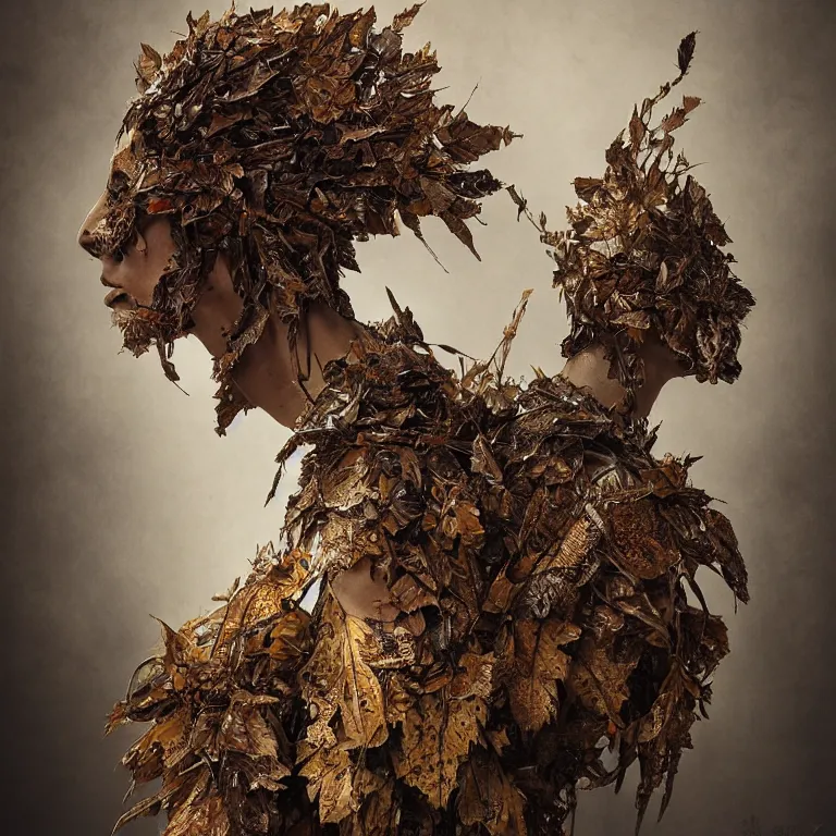 Prompt: rusted tintype portrait of realistic armour made of leaves, seen from behind dramatic light, dystopian environment, intricate, elegant, highly detailed, centered headdress, artstation, sharp focus, artgerm, tomasz alen kopera, peter mohrbacher, donato giancola, joseph christian leyendecker, wlop, boris vallejo, frank frazetta