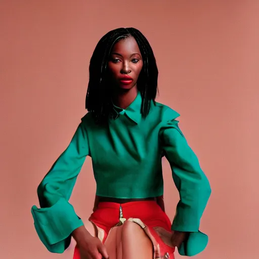 Image similar to realistic fashion photoshoot for a new balenciaga lookbook, color film photography, portrait of a beautiful woman in trendy clothes, in style of Nadine Ijewere, 35mm