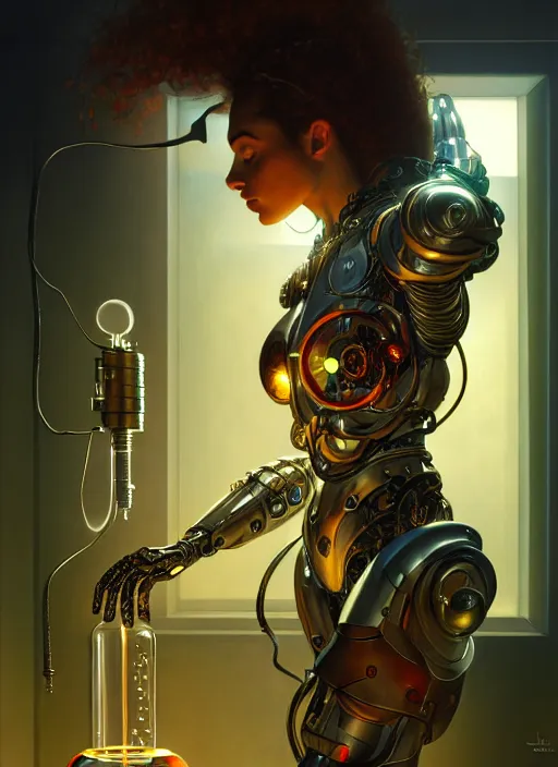 Image similar to cyborg recharging in a lab, diffuse lighting, fantasy, intricate, elegant, highly detailed, lifelike, photorealistic, digital painting, artstation, illustration, concept art, smooth, sharp focus, art by John Collier and Albert Aublet and James jean and Brian froud and ross tran and Artem Demura and Alphonse Mucha