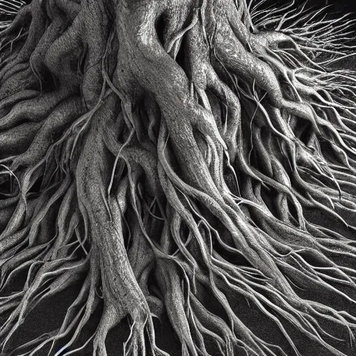 Image similar to full body pose, hyperrealistic photograph of roots of a tree made of bodies, dim volumetric lighting, 8 k, octane beautifully detailed render, extremely hyper detailed, intricate, epic composition, cinematic lighting, masterpiece, trending on artstation, very very detailed, stunning, hdr, smooth, sharp focus, high resolution, award, winning photo, dslr, 5 0 mm