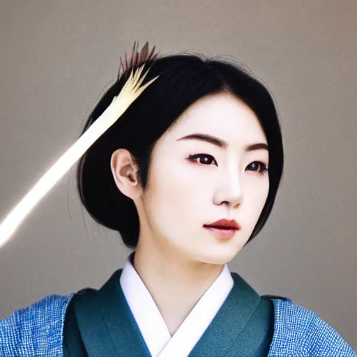 Prompt: photo portrait of beautiful Japanese women with perfect eyes and simetrical face, she have delicate traditional make up, holding a feather cinematic light, 8k,, akira kurosawa style
