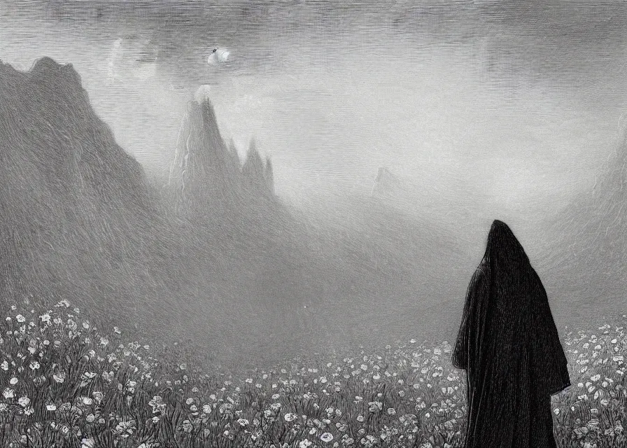 Image similar to a hooded figure in a black robe standing in a flower meadow while bright light beam is emmited from the sky onto him, flower meadow landsape in dark pits of a canyon, illustration by Gustave Dore, 18th century drawing , black and white, highly detailed, 4k, concept art, artstation