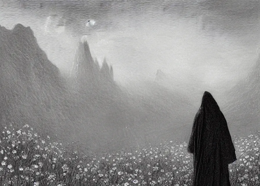 Prompt: a hooded figure in a black robe standing in a flower meadow while bright light beam is emmited from the sky onto him, flower meadow landsape in dark pits of a canyon, illustration by Gustave Dore, 18th century drawing , black and white, highly detailed, 4k, concept art, artstation