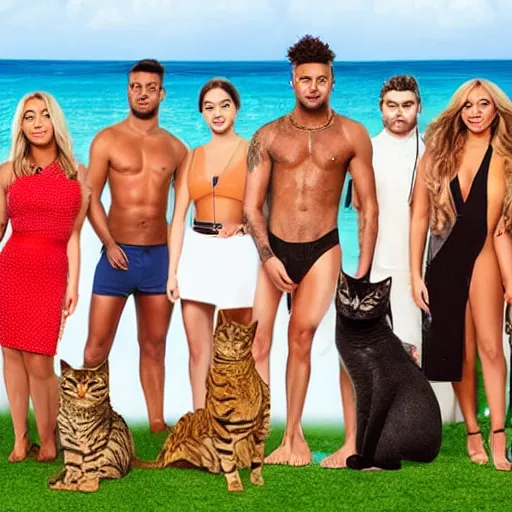 Image similar to Love Island TV show but the contestants are cats