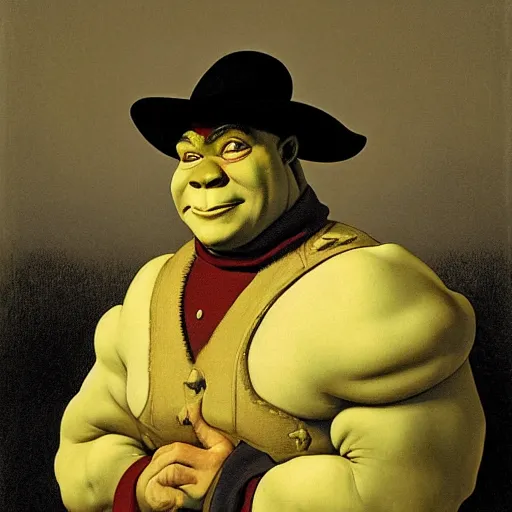 Image similar to The duke Shrek, Face portrait, crisp face, artwork by Georges de La Tour