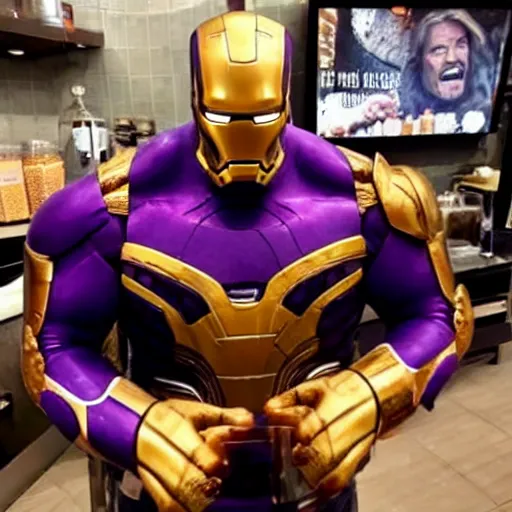 Image similar to thanos as a starbucks barista, serving iron man