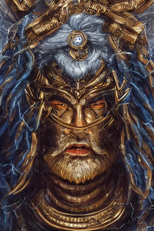 Image similar to mythological odin all father god of thunder and artificial intelligence creating himself with an artificial neural network with gold synapses, high resolution, award winning art, trending on art station, sharp image, incredibly detailed, detailed character realistic painting