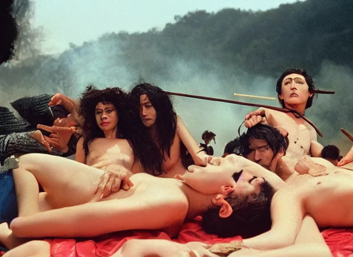 Image similar to 3 5 mm still from art house film by alejandro jodorowsky, wong kar - wai and wes anderson : : sensual scene in a picturesque outdoors setting : : fire, painted horse, high priestesses, smoke, debauchery, birds : : close - up of the actors'faces : : technicolor, 8 k