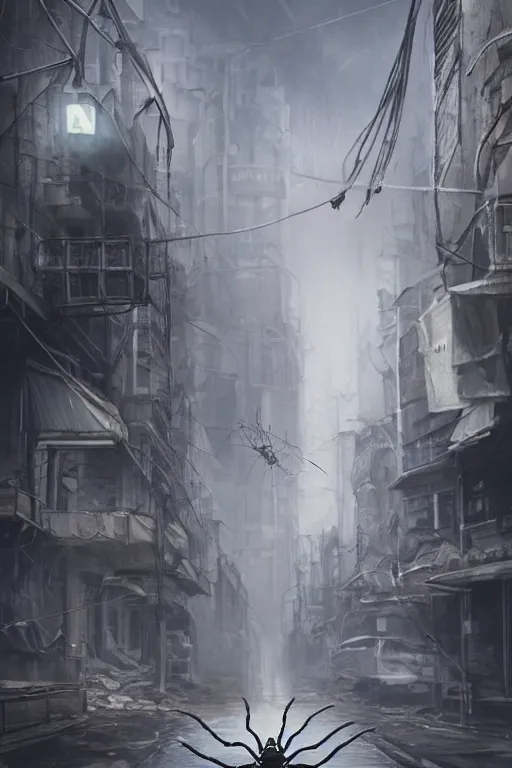 Image similar to ultra realist and ultra intricate detailed soft painting of a large robot spider, standing in a post-apocalyptic street, sensual gloomy style, volumetric clouds, artstation, unreal render, depth of field