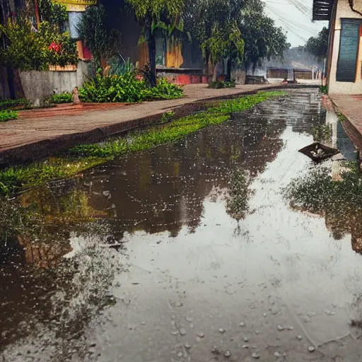 Prompt: still photo of rain puddles and reflections in an indian village, cloudy weather, highly detailed, photorealistic shot, bright studio setting, studio lighting, crisp quality and light reflections, unreal engine 5 quality render