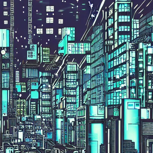 Prompt: a cyberpunks city drawn in the style of Hirohiko Araki, coloured, raining. Wires hanging from buildings. Dark tone, moonlight, stars