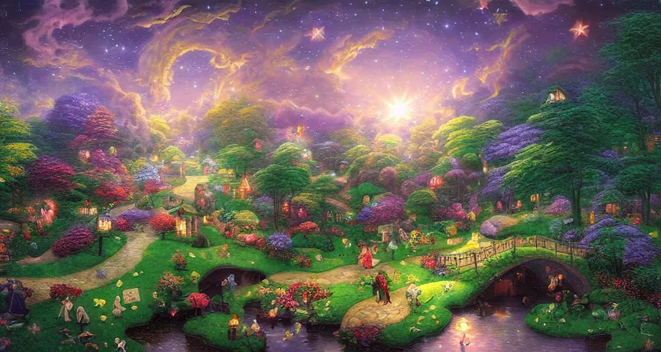 Prompt: a whimsical fairyland with a pond, starry sky, ambient lighting, fantasy art, thomas kinkade, pieter brueghel, martin johnson heade style art