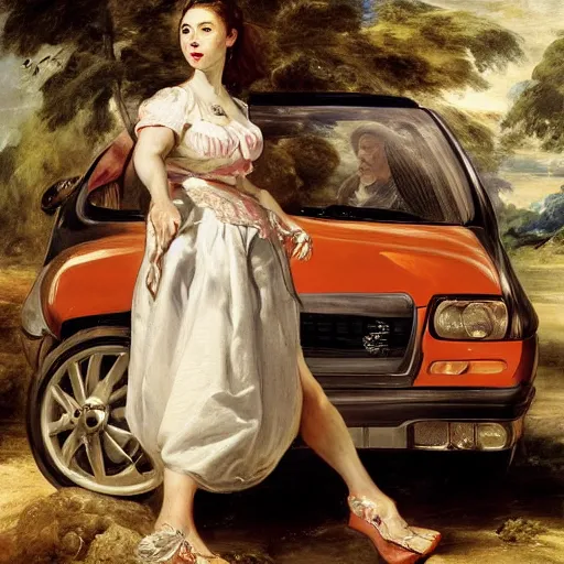 Image similar to heavenly summer sharp land sphere scallop well dressed lady standing next to a honda civic, auslese, by peter paul rubens and eugene delacroix and karol bak, hyperrealism, digital illustration, fauvist, standing next to a honda civic