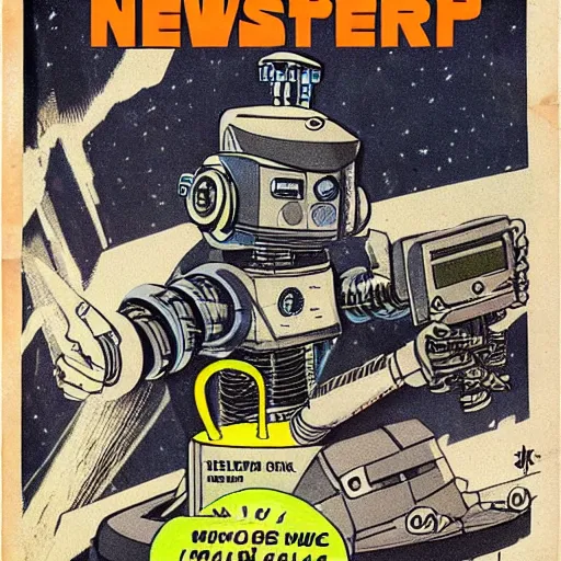 Prompt: robot in retro sci fi pulp newsprint illustration cover