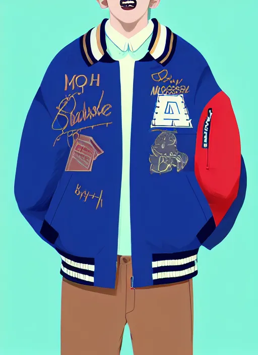 Image similar to portrait of a high school senior boy named moose mason, blonde short hair, jock, beefy, square jaw, square facial structure, 1 9 5 0 s, blue varsity jacket, intricate, elegant, glowing lights, highly detailed, digital painting, artstation, concept art, smooth, sharp focus, illustration, art by wlop, mars ravelo and greg rutkowski