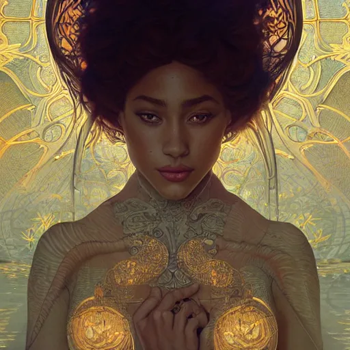 Image similar to beautiful detailed picture of doja cat, radiant light, art nouveau, intricate, elegant, highly detailed, my rendition, digital painting, artstation, concept art, smooth, sharp focus, illustration, art by artgerm and greg rutkowski and alphonse mucha