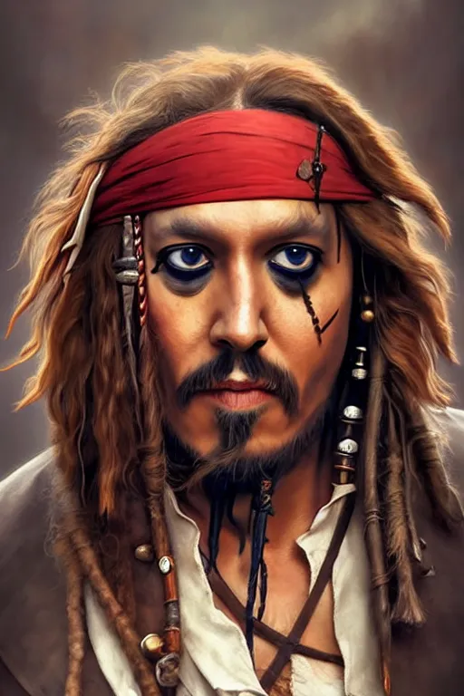 Prompt: Boris Johnson as Jack Sparrow, Boris Johnson hairstyle, realistic portrait, symmetrical, highly detailed, digital painting, artstation, concept art, smooth, sharp focus, illustration, cinematic lighting, art by artgerm and greg rutkowski and alphonse mucha